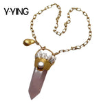 Rose Quartz Point Pendant Biwa Pearl Chain Necklace for Women