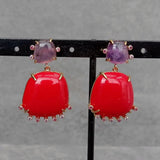 KKGEM Red Crystal and Purple Amethyst Stud Earrings