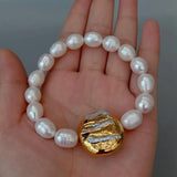 KKGEM Biwa & Rice Freshwater Pearl Plated Elastic Bracelet