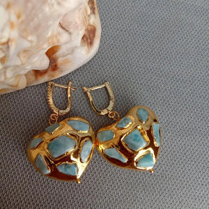 KKGEM Natural Larimar Heart Shaped Dangle Earrings