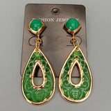 Ethnic Style Green Jade Teardrop Shape Stud Earrings