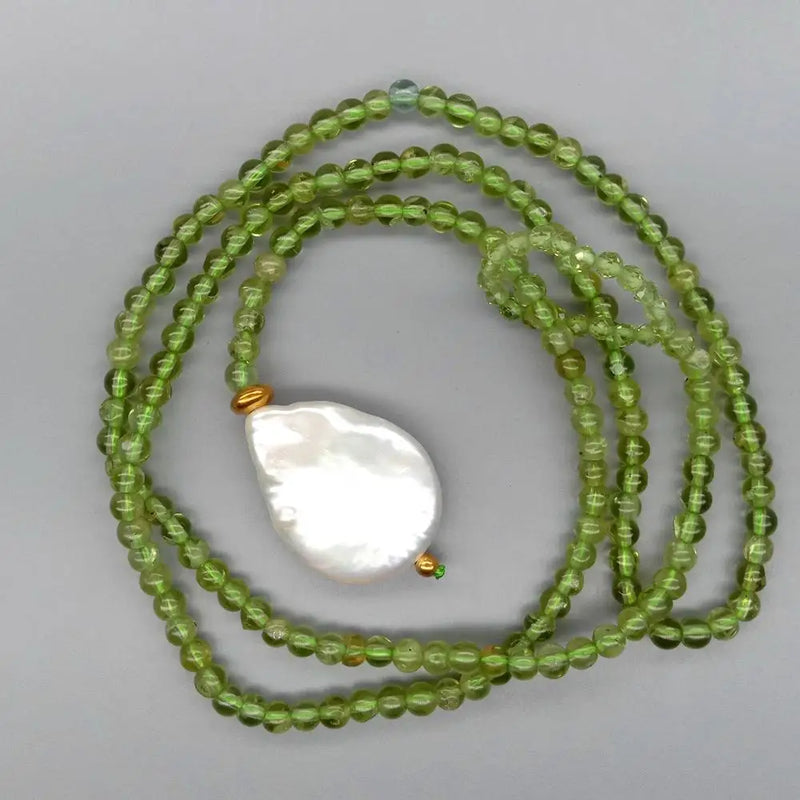 KKGEM 25'' Natural Keshi Pearl Peridot Lariat Necklace