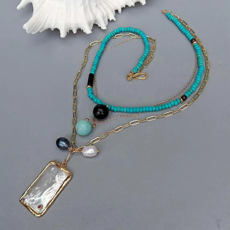 KKGEM Shell Pendant Turquoise Chain PearlAmazonite Necklace