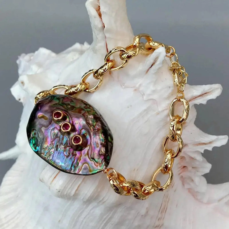 Natural Abalone Shell Fuchsia Cz Chain Charm Bracelet