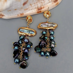 KKGEM 3.1'' Natural Cultured Keshi Pearl Dangle Stud Earrings