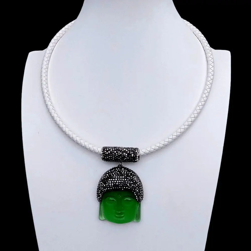 KKGEM 36x48mm Green Quartz Buddha Head Pendant Choker Necklace