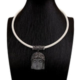 KKGEM Carved Buddha Head Pendant Leather Choker Necklace
