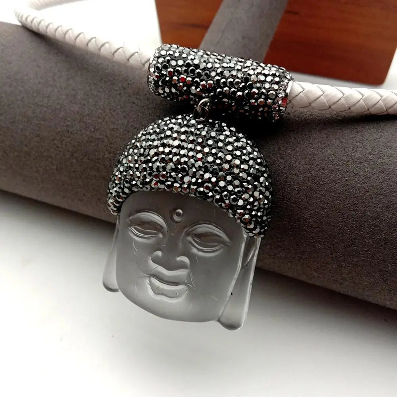 KKGEM Carved Buddha Head Pendant Leather Choker Necklace