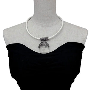 KKGEM Carved Buddha Head Pendant Leather Choker Necklace