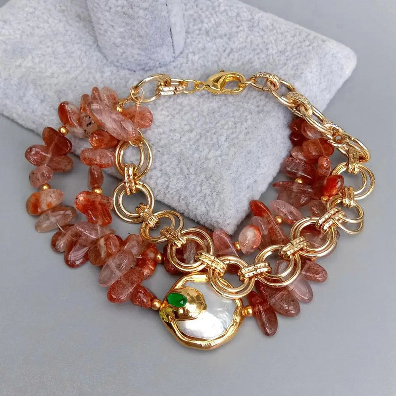 KKGEM Coin Pearl & Green Crystal Bracelet with Sunstone Chain