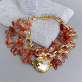 KKGEM Coin Pearl & Green Crystal Bracelet with Sunstone Chain