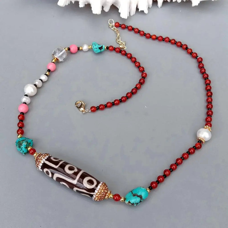 KKGEM 4mm Gemstone Pearl Necklace with Dzi Agate Crystal Pave Pendant
