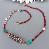 KKGEM 4mm Gemstone Pearl Necklace with Dzi Agate Crystal Pave Pendant