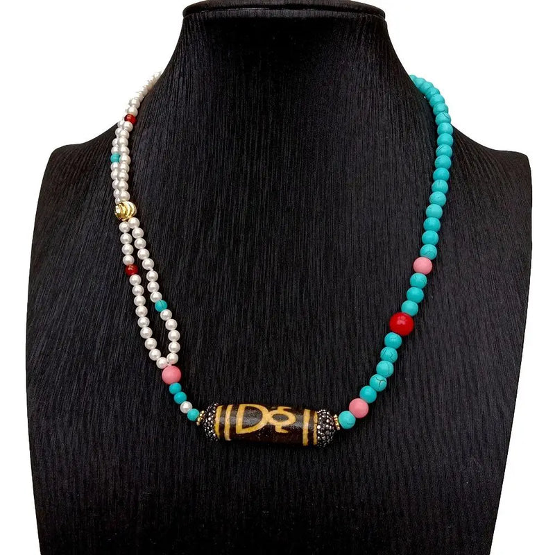 KKGEM 5x46mm Rice Agate 5mm Sea Shell Pearl 6mm Turquoise Coral Necklace
