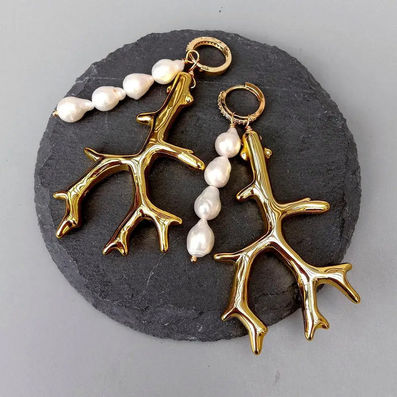 KKGEM 7X10MM Natural Keshi Pearl Resin Coral Hoop Earrings