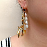KKGEM 7X10MM Natural Keshi Pearl Resin Coral Hoop Earrings