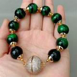 KKGEM 8'' 14mm Green Tiger's Eye Strand Bracelet with CZ Pave Magnet Clasp