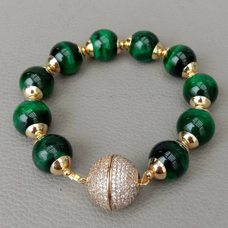 KKGEM 8'' 14mm Green Tiger's Eye Strand Bracelet with CZ Pave Magnet Clasp