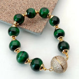 KKGEM 8'' 14mm Green Tiger's Eye Strand Bracelet with CZ Pave Magnet Clasp