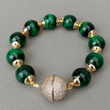 KKGEM 8'' 14mm Green Tiger's Eye Strand Bracelet with CZ Pave Magnet Clasp