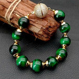 KKGEM 8'' 14mm Green Tiger's Eye Strand Bracelet with CZ Pave Magnet Clasp