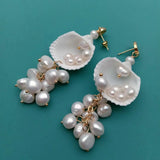 KKGEM Natural FreshWater Baroque Pearl Sea Shell Dangle Earring