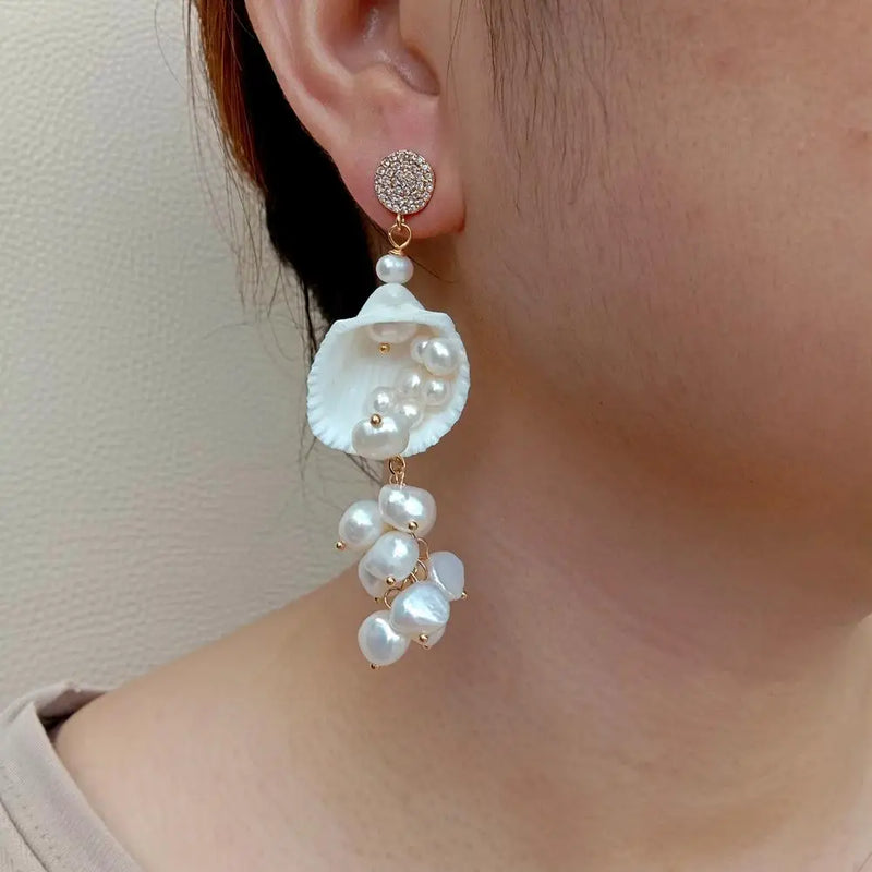 KKGEM Natural FreshWater Baroque Pearl Sea Shell Dangle Earring