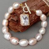 KKGEM 8'' Pink Rice Freshwater Pearl Bracelet with CZ Pave Toggle Clasp