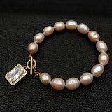 KKGEM 8'' Pink Rice Freshwater Pearl Bracelet with CZ Pave Toggle Clasp