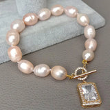 KKGEM 8'' Pink Rice Freshwater Pearl Bracelet with CZ Pave Toggle Clasp