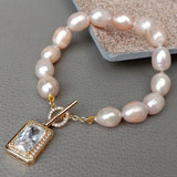 KKGEM 8'' Pink Rice Freshwater Pearl Bracelet with CZ Pave Toggle Clasp