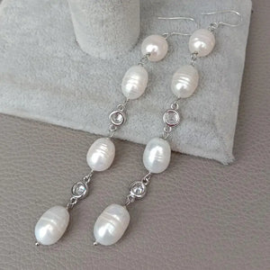 925 Silver Hook Rice Freshwater Pearl Cz Clear Wrap Earrings