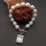 KKGEM 9x11mm Rice Freshwater Pearl Strand Bracelet with Cz Pave Toggle Clasp