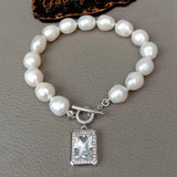KKGEM 9x11mm Rice Freshwater Pearl Strand Bracelet with Cz Pave Toggle Clasp