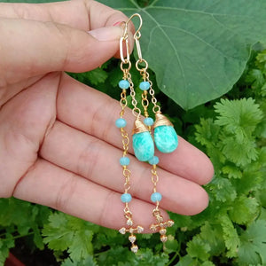 Green Amazonite Teardrop Earrings with Crucifix Dangle