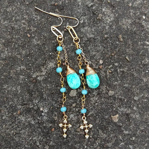 Green Amazonite Teardrop Earrings with Crucifix Dangle