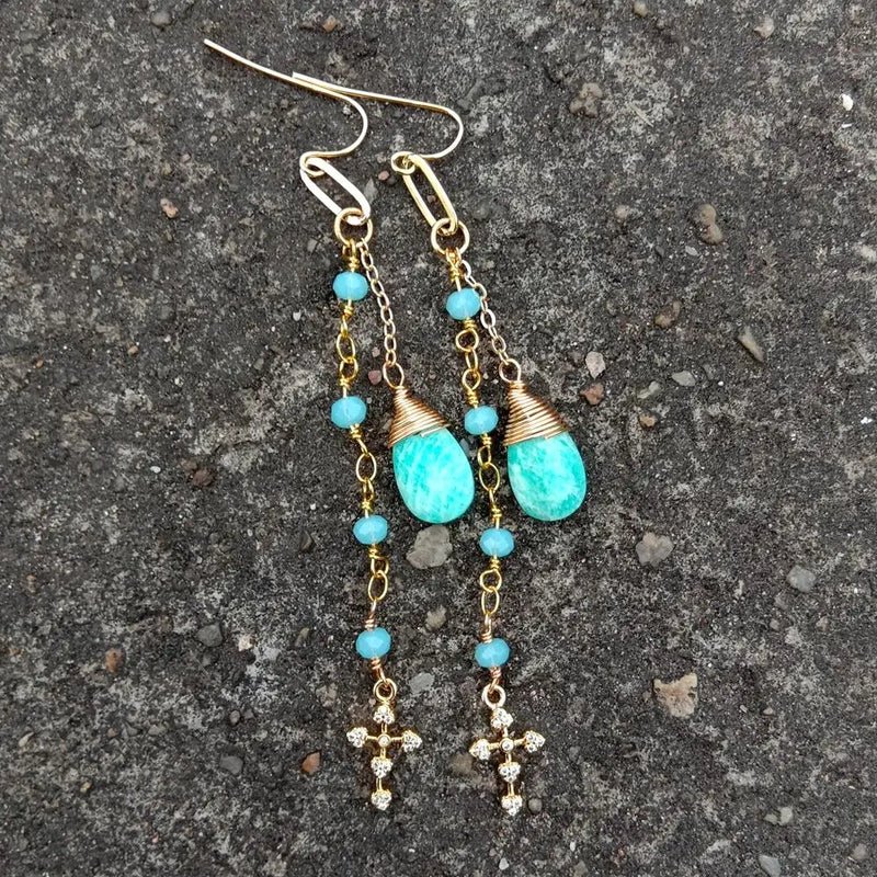 Green Amazonite Teardrop Earrings with Crucifix Dangle