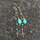 Green Amazonite Teardrop Earrings with Crucifix Dangle