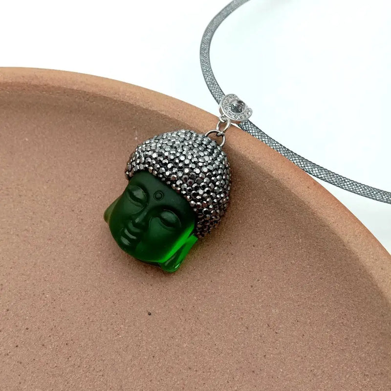 KKGEM Rhinestone Choker Necklace Green Quartz Carved Buddha Pendant Gift