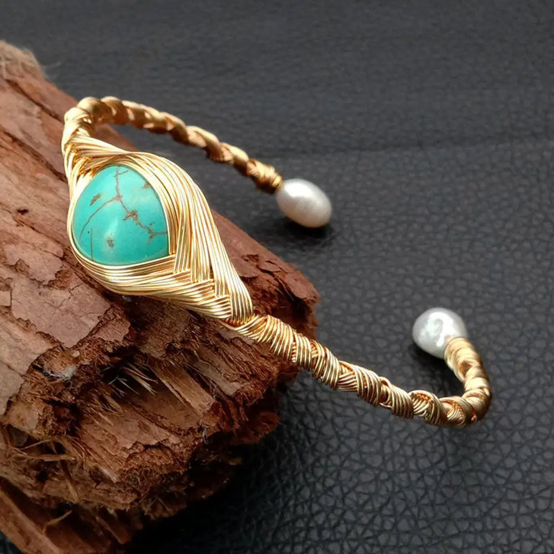 KKGEM Turquoise Pearl Bangle Bracelet for Women