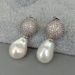 KKGEM CZ Pave Silver Charm Earrings with Freshwater Pearl Studs