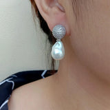KKGEM CZ Pave Silver Charm Earrings with Freshwater Pearl Studs