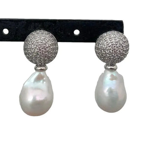 KKGEM CZ Pave Silver Charm Earrings with Freshwater Pearl Studs