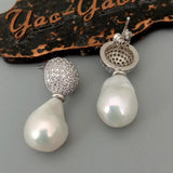 KKGEM CZ Pave Silver Charm Earrings with Freshwater Pearl Studs