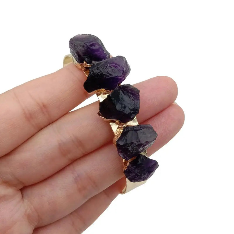 KKGEM Natural Purple Amethyst Rough Raw Plated Bangle Bracelet