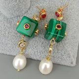 Green Malachite Cube & Pearl Stud Earrings