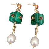 Green Malachite Cube & Pearl Stud Earrings