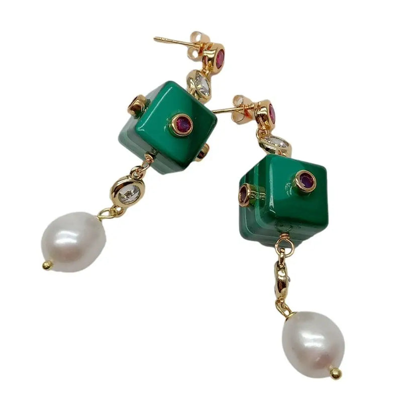 Green Malachite Cube & Pearl Stud Earrings