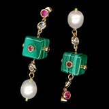 Green Malachite Cube & Pearl Stud Earrings
