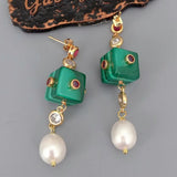 Green Malachite Cube & Pearl Stud Earrings